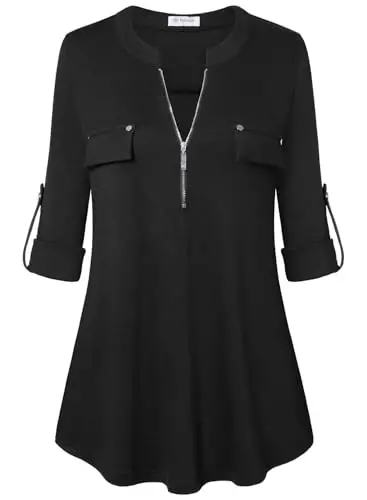Bulotus Women's Zip Front V-Neck 3/4 Length Sleeve Womens Tops Business Casual Shirts - 1
