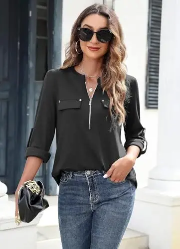 Bulotus Women's Zip Front V-Neck 3/4 Length Sleeve Womens Tops Business Casual Shirts - 3