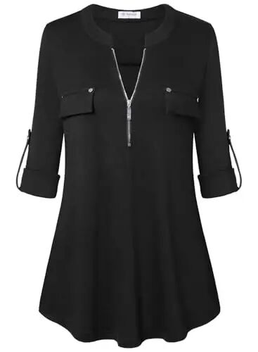 Bulotus Women's Zip Front V-Neck 3/4 Length Sleeve Womens Tops Business Casual Shirts 