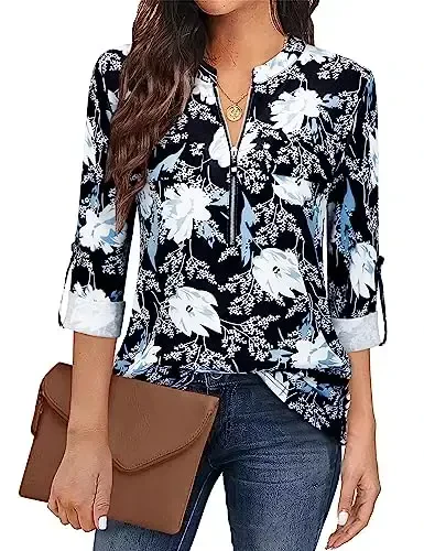 Bulotus Women's Zip Front V-Neck 3/4 Length Sleeve Womens Tops Business Casual Shirts 