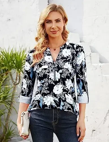 Bulotus Women's Zip Front V-Neck 3/4 Length Sleeve Womens Tops Business Casual Shirts - 3