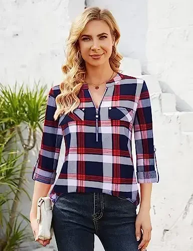 Bulotus Women's Zip Front V-Neck 3/4 Length Sleeve Womens Tops Business Casual Shirts - 3