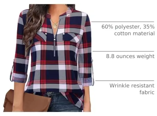 Bulotus 3/4 Length Sleeve Womens Striped Tops Zipper V Neck Collared Blouses Business Casual Tunics 2026 Spring Trendy - 1