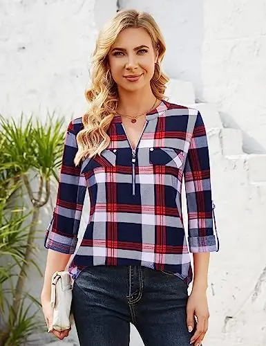 Bulotus Women's Zip Front V-Neck 3/4 Length Sleeve Womens Tops Business Casual Shirts - 3