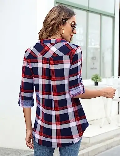 Bulotus Women's Zip Front V-Neck 3/4 Length Sleeve Womens Tops Business Casual Shirts - 5