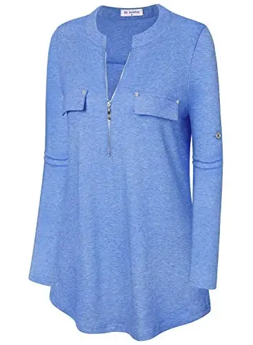 Bulotus 3/4 Length Sleeve Womens Striped Tops Zipper V Neck Collared Blouses Business Casual Tunics 2026 Spring Trendy - 3