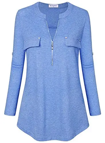 Bulotus Women's Zip Front V-Neck 3/4 Length Sleeve Womens Tops Business Casual Shirts - BULOTUS (1)