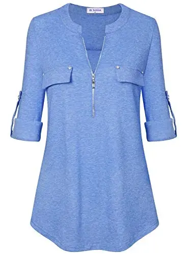 Bulotus Women's Zip Front V-Neck 3/4 Length Sleeve Womens Tops Business Casual Shirts - 1