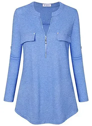 Bulotus Women's Zip Front V-Neck 3/4 Length Sleeve Womens Tops Business Casual Shirts - BULOTUS (1)