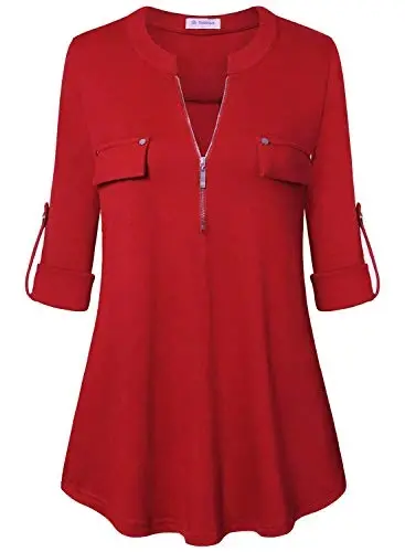 Bulotus Women's Zip Front V-Neck 3/4 Length Sleeve Womens Tops Business Casual Shirts 