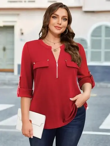 Bulotus Women's Zip Front V-Neck 3/4 Length Sleeve Womens Tops Business Casual Shirts - 2