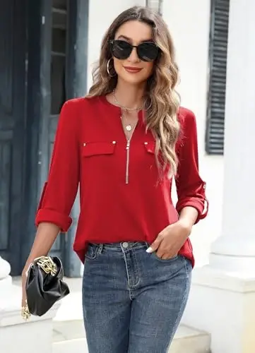 Bulotus Women's Zip Front V-Neck 3/4 Length Sleeve Womens Tops Business Casual Shirts - 3