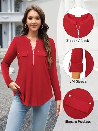 Bulotus Women's Zip Front V-Neck 3/4 Length Sleeve Womens Tops Business Casual Shirts - 4