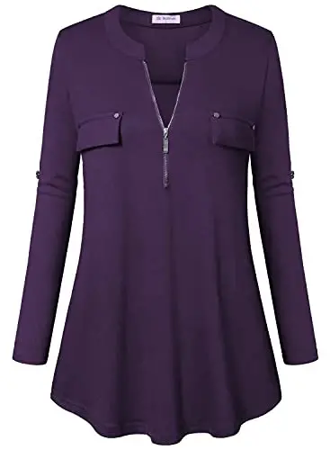 Bulotus Women's Zip Front V-Neck 3/4 Length Sleeve Womens Tops Business Casual Shirts - 2