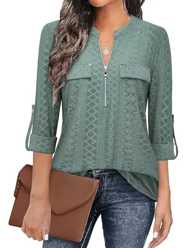 Bulotus Women's Zip Front V-Neck 3/4 Length Sleeve Womens Tops Business Casual Shirts - BULOTUS