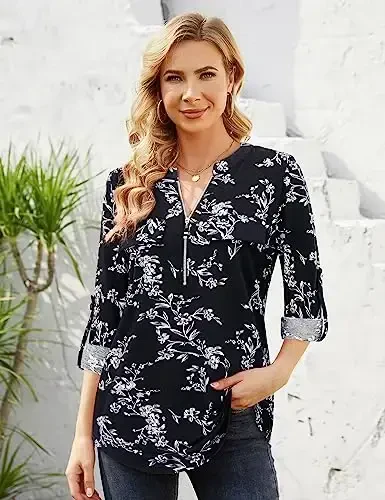 Bulotus Women's Zip Front V-Neck 3/4 Length Sleeve Womens Tops Business Casual Shirts - BULOTUS (1)