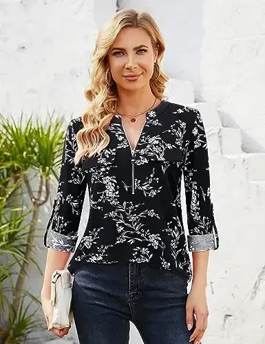 Bulotus Women's Zip Front V-Neck 3/4 Length Sleeve Womens Tops Business Casual Shirts - 3