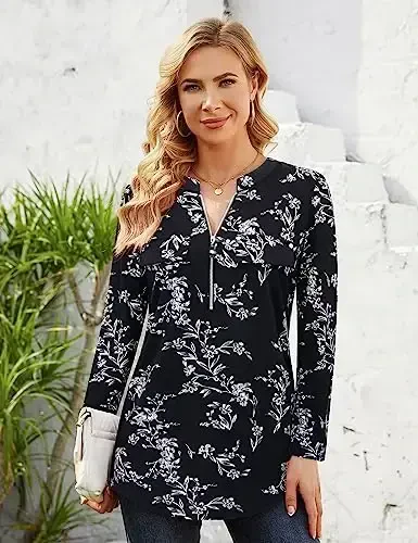 Bulotus Women's Zip Front V-Neck 3/4 Length Sleeve Womens Tops Business Casual Shirts - 4