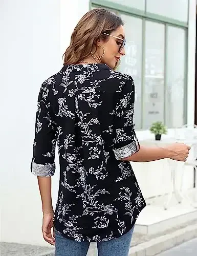 Bulotus Women's Zip Front V-Neck 3/4 Length Sleeve Womens Tops Business Casual Shirts - 5