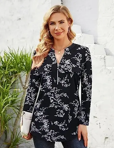 Bulotus Women's Zip Front V-Neck 3/4 Length Sleeve Womens Tops Business Casual Shirts - 4