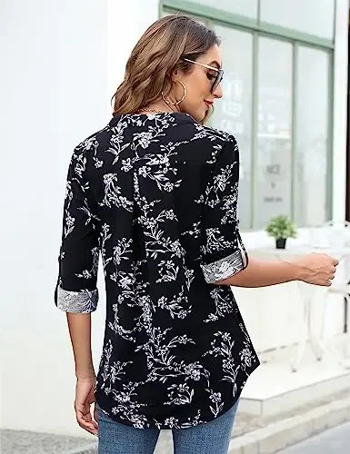 Bulotus Women's Zip Front V-Neck 3/4 Length Sleeve Womens Tops Business Casual Shirts - 5