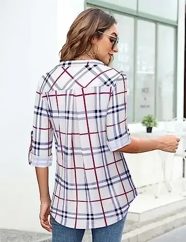 Bulotus Women's Zip Front V-Neck 3/4 Length Sleeve Womens Tops Business Casual Shirts - 5