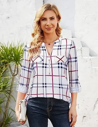 Bulotus Women's Zip Front V-Neck 3/4 Length Sleeve Womens Tops Business Casual Shirts - 3