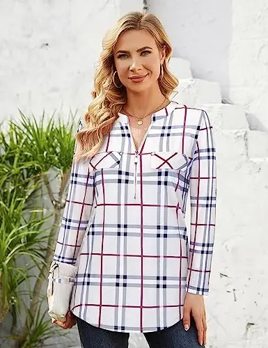 Bulotus Women's Zip Front V-Neck 3/4 Length Sleeve Womens Tops Business Casual Shirts - 4