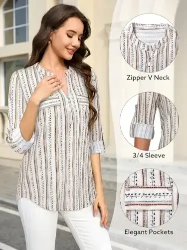 Bulotus Women's Zip Front V-Neck 3/4 Length Sleeve Womens Tops Business Casual Shirts - 5