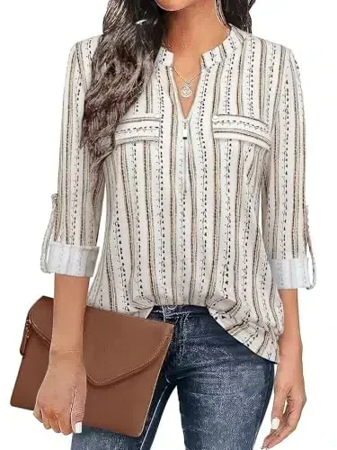 Bulotus Women's Zip Front V-Neck 3/4 Length Sleeve Womens Tops Business Casual Shirts - BULOTUS