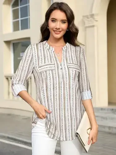 Bulotus Women's Zip Front V-Neck 3/4 Length Sleeve Womens Tops Business Casual Shirts - BULOTUS (1)