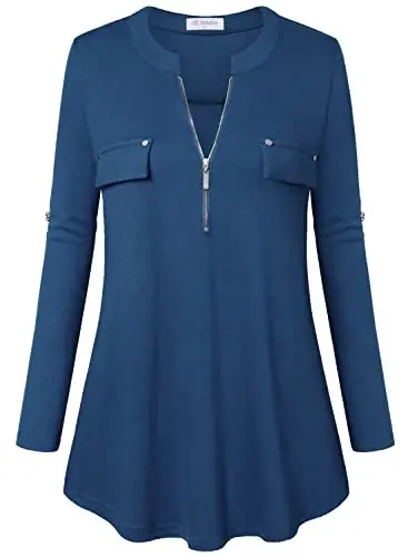 Bulotus Women's Zip Front V-Neck 3/4 Length Sleeve Womens Tops Business Casual Shirts - 2