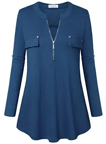 Bulotus Women's Zip Front V-Neck 3/4 Length Sleeve Womens Tops Business Casual Shirts - BULOTUS (1)