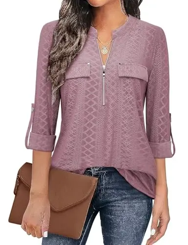 Bulotus Women's Zip Front V-Neck 3/4 Length Sleeve Womens Tops Business Casual Shirts - 1