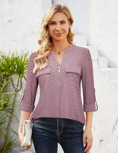 Bulotus 3/4 Length Sleeve Womens Striped Tops Zipper V Neck Collared Blouses Business Casual Tunics 2026 Spring Trendy - 3