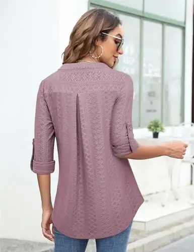 Bulotus 3/4 Length Sleeve Womens Striped Tops Zipper V Neck Collared Blouses Business Casual Tunics 2026 Spring Trendy - 4