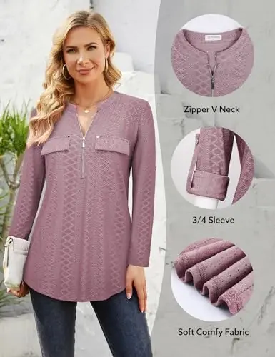 Bulotus Women's Zip Front V-Neck 3/4 Length Sleeve Womens Tops Business Casual Shirts - 5