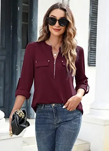 Bulotus 3/4 Length Sleeve Womens Striped Tops Zipper V Neck Collared Blouses Business Casual Tunics 2026 Spring Trendy - 3