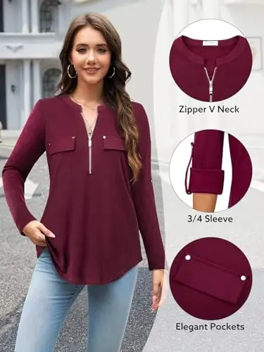 Bulotus 3/4 Length Sleeve Womens Striped Tops Zipper V Neck Collared Blouses Business Casual Tunics 2026 Spring Trendy - 5