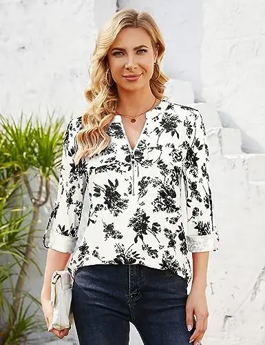 Bulotus Women's Zip Front V-Neck 3/4 Length Sleeve Womens Tops Business Casual Shirts - 3