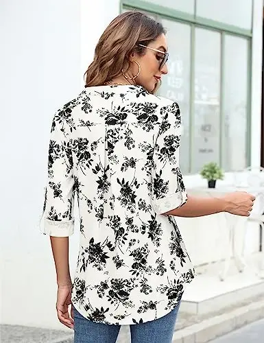 Bulotus Women's Zip Front V-Neck 3/4 Length Sleeve Womens Tops Business Casual Shirts - 5