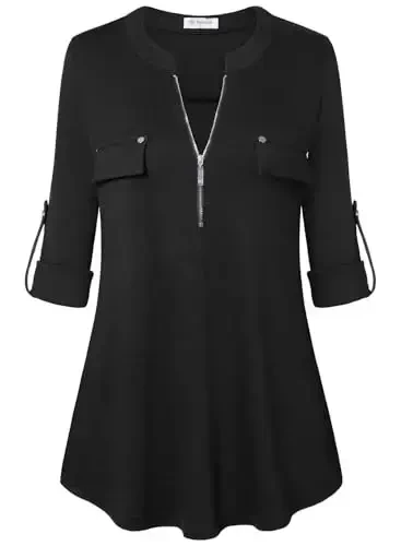 Bulotus Women's Zip Front V-Neck 3/4 Length Sleeve Womens Tops Business Casual Shirts 