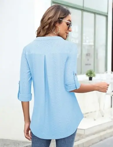 Bulotus 3/4 Length Sleeve Womens Striped Tops Zipper V Neck Collared Blouses Business Casual Tunics 2026 Spring Trendy - 4