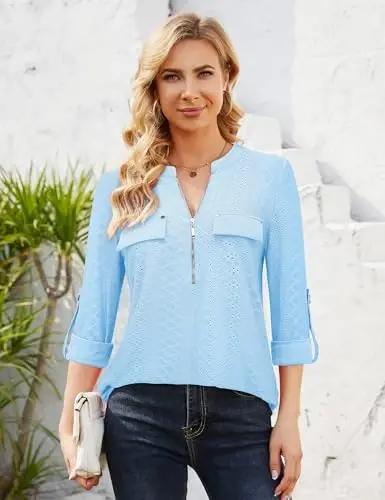 Bulotus Women's Zip Front V-Neck 3/4 Length Sleeve Womens Tops Business Casual Shirts - 3