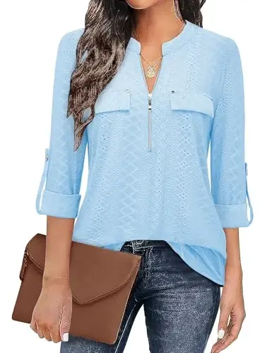 Bulotus Women's Zip Front V-Neck 3/4 Length Sleeve Womens Tops Business Casual Shirts - 1