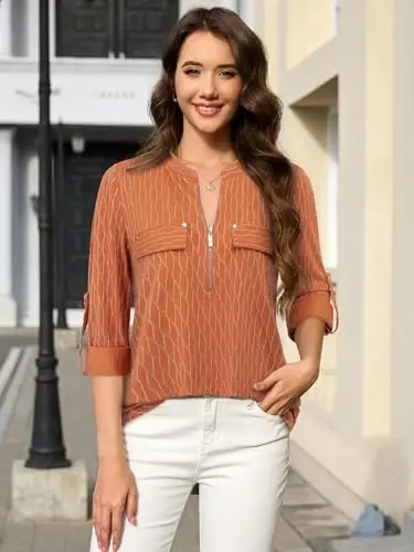 Bulotus Women's Zip Front V-Neck 3/4 Length Sleeve Womens Tops Business Casual Shirts - 3