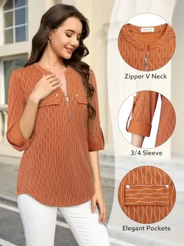 Bulotus Women's Zip Front V-Neck 3/4 Length Sleeve Womens Tops Business Casual Shirts - 5