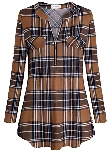 Bulotus Women's Zip Front V-Neck 3/4 Length Sleeve Womens Tops Business Casual Shirts - 2