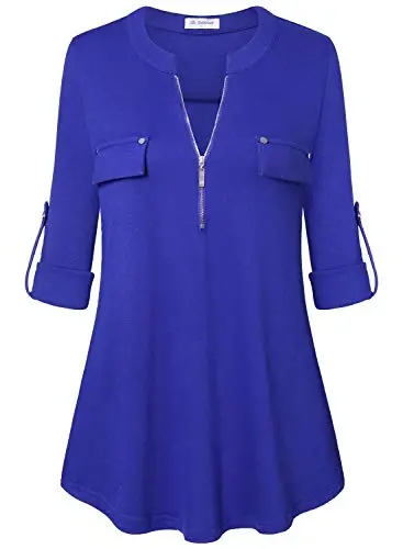 Bulotus 3/4 Length Sleeve Womens Striped Tops Zipper V Neck Collared Blouses Business Casual Tunics 2026 Spring Trendy - 1