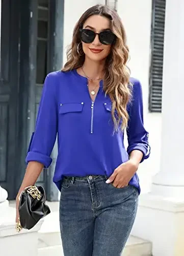 Bulotus Women's Zip Front V-Neck 3/4 Length Sleeve Womens Tops Business Casual Shirts - 3